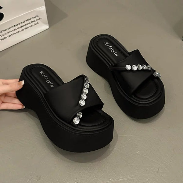 Women's Casual Versatile Thick Sole Heightening Rhinestone Slippers-RIONSON