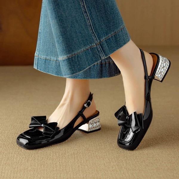 Women's Summer Sweet Lambskin Patent Leather Bowknot Rhinestone Heel Sandals-RIONSON