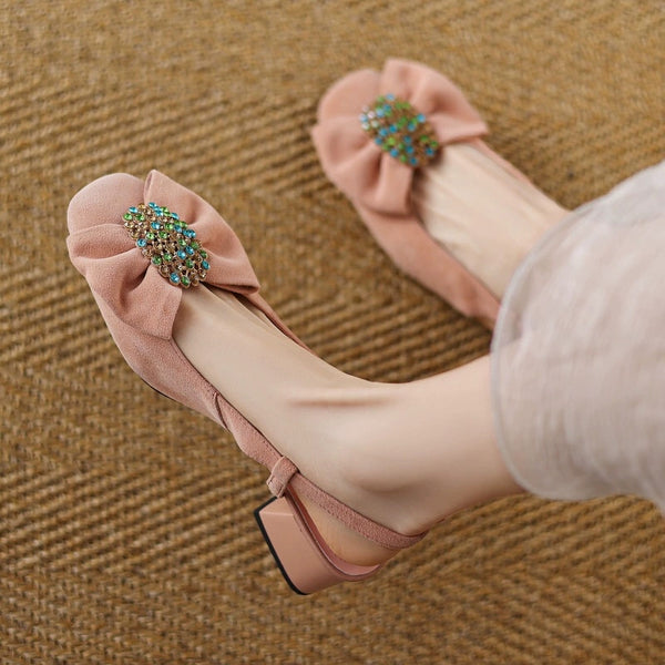 Women's Fashion Rhinestone Bowknot Chunky Heel Closed Toe Sandals-RIONSON