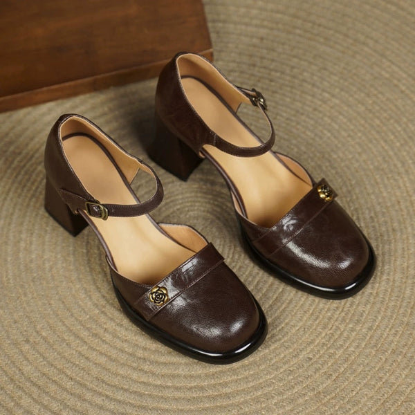 Women's Retro Temperament Sheepskin Flower Metal High Heel Sandals-RIONSON