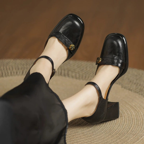 Women's Retro Temperament Sheepskin Flower Metal High Heel Sandals-RIONSON