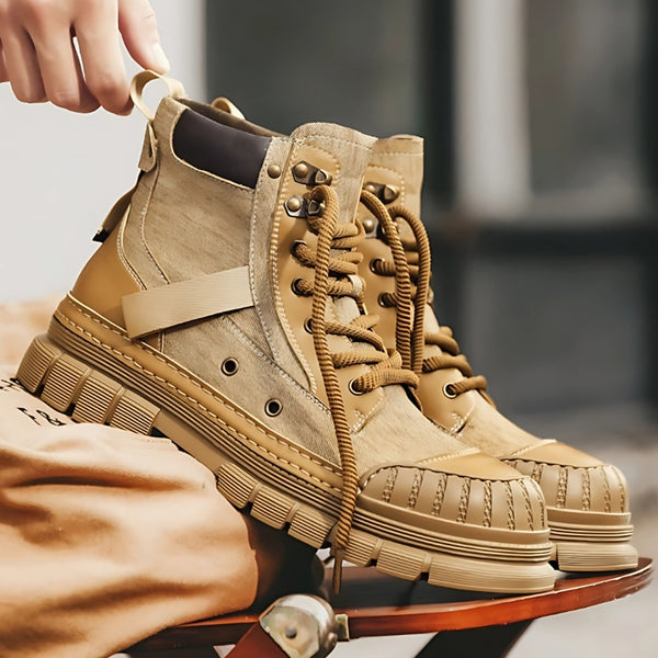 Men's American Retro Motorcycle Style High Top Martin Boots In Yellow-RIONSON