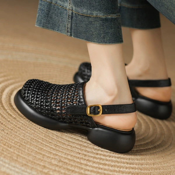 Women's Summer Sheepskin Hollow Woven Toe Thick-Soled Sandals-RIONSON