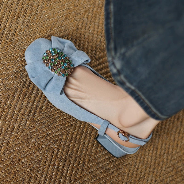 Women's Fashion Rhinestone Bowknot Chunky Heel Closed Toe Sandals-RIONSON