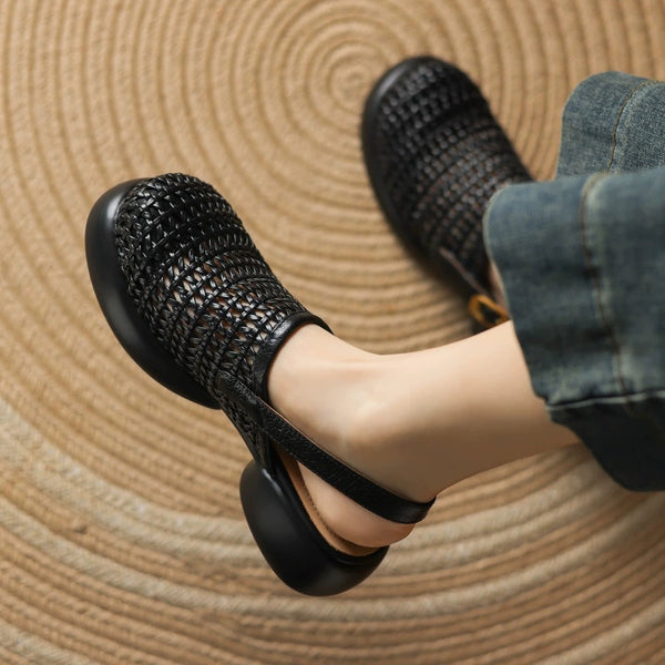 Women's Summer Sheepskin Hollow Woven Toe Thick-Soled Sandals-RIONSON