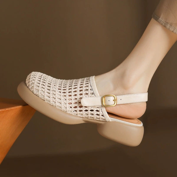 Women's Summer Sheepskin Hollow Woven Toe Thick-Soled Sandals-RIONSON