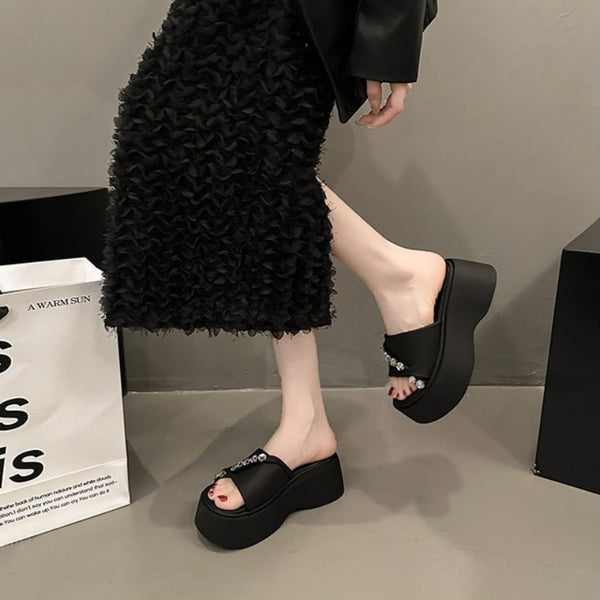 Women's Casual Versatile Thick Sole Heightening Rhinestone Slippers-RIONSON