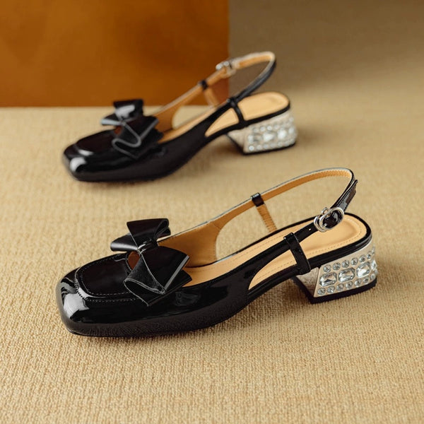 Women's Summer Sweet Lambskin Patent Leather Bowknot Rhinestone Heel Sandals-RIONSON