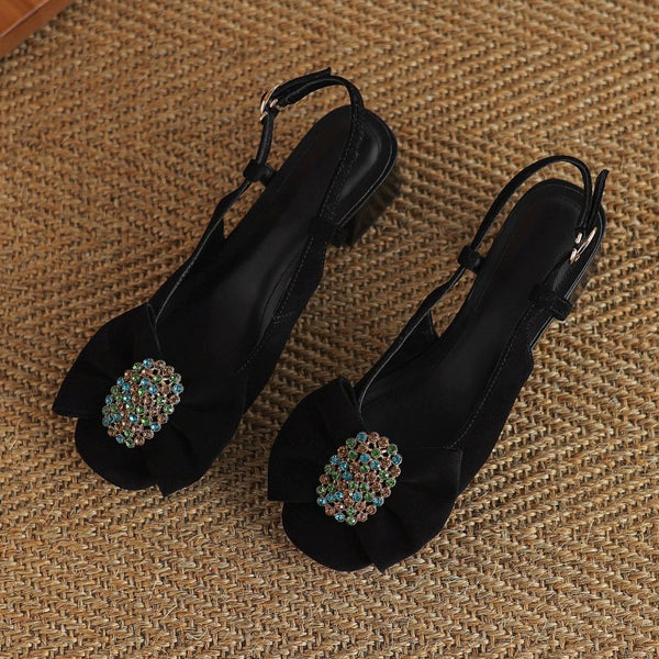 Women's Fashion Rhinestone Bowknot Chunky Heel Closed Toe Sandals-RIONSON