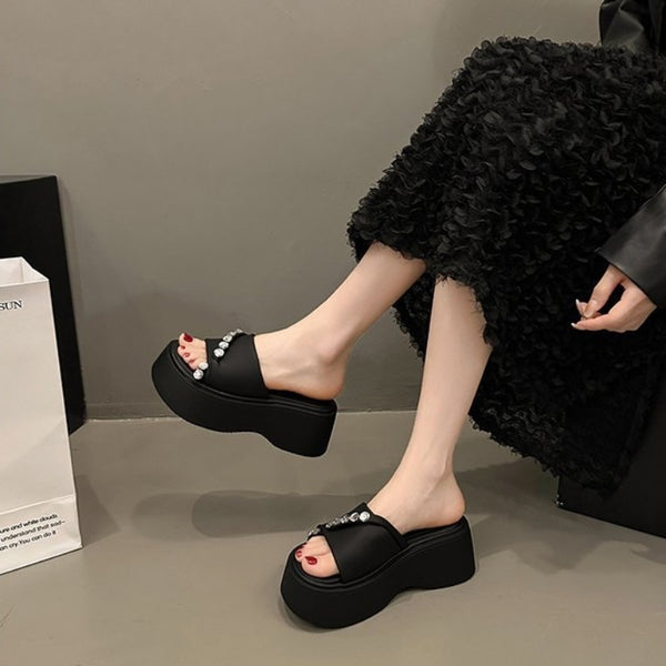 Women's Casual Versatile Thick Sole Heightening Rhinestone Slippers-RIONSON