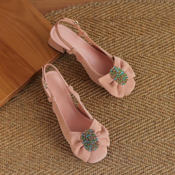 Women's Fashion Rhinestone Bowknot Chunky Heel Closed Toe Sandals-RIONSON