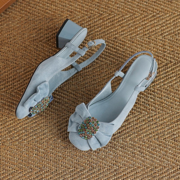 Women's Fashion Rhinestone Bowknot Chunky Heel Closed Toe Sandals-RIONSON