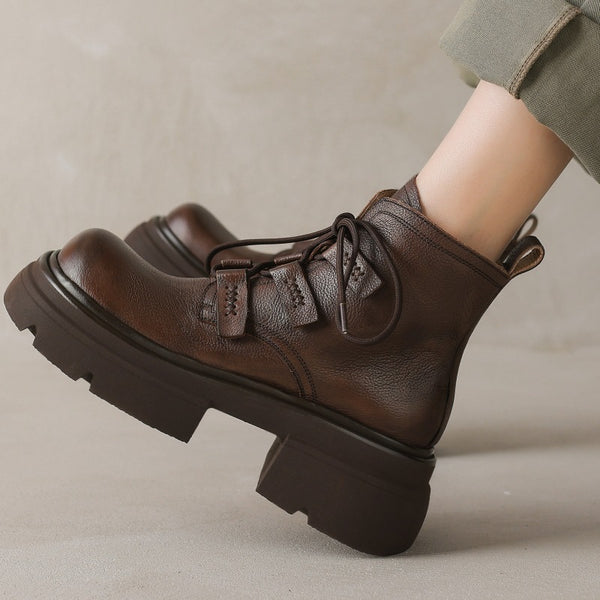 Women's British Style Cowhide Thick-Soled Thick-Heeled Martin Boots-RIONSON