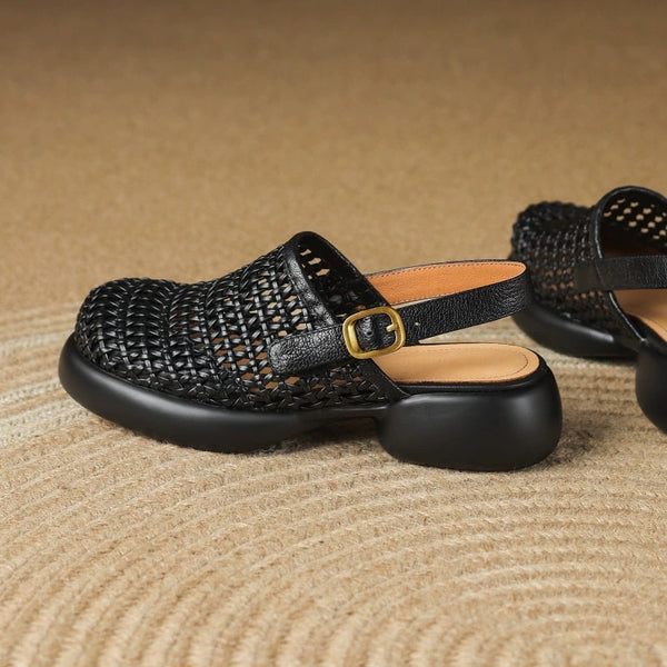 Women's Summer Sheepskin Hollow Woven Toe Thick-Soled Sandals-RIONSON