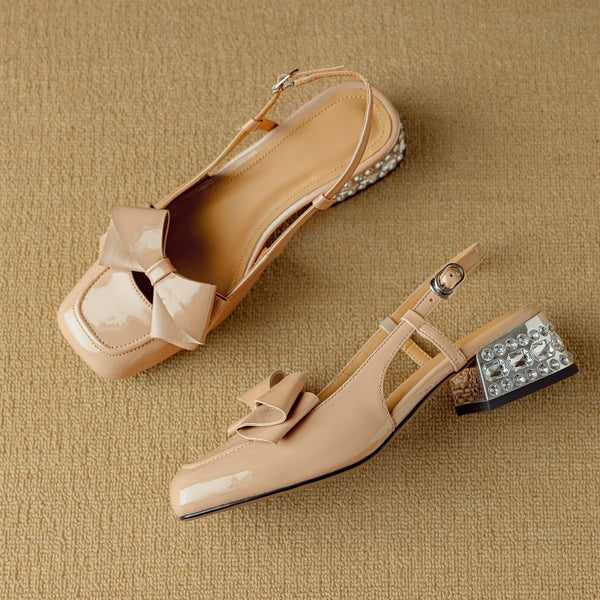 Women's Summer Sweet Lambskin Patent Leather Bowknot Rhinestone Heel Sandals-RIONSON
