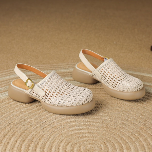 Women's Summer Sheepskin Hollow Woven Toe Thick-Soled Sandals-RIONSON