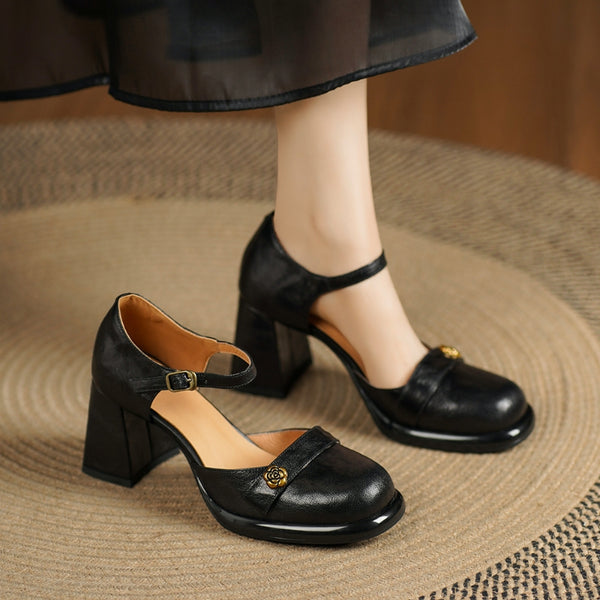 Women's Retro Temperament Sheepskin Flower Metal High Heel Sandals-RIONSON