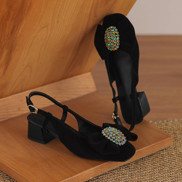 Women's Fashion Rhinestone Bowknot Chunky Heel Closed Toe Sandals-RIONSON