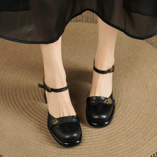 Women's Retro Temperament Sheepskin Flower Metal High Heel Sandals-RIONSON