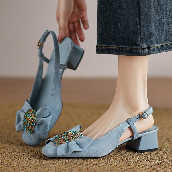 Women's Fashion Rhinestone Bowknot Chunky Heel Closed Toe Sandals-RIONSON