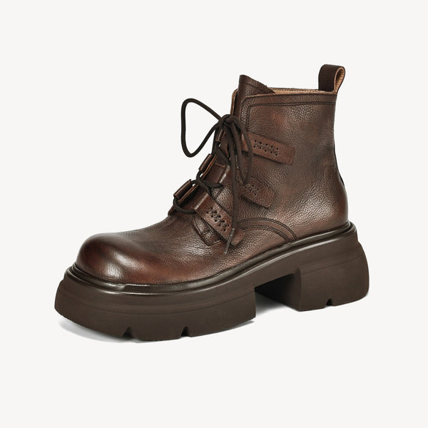 Women's British Style Cowhide Thick-Soled Thick-Heeled Martin Boots-RIONSON